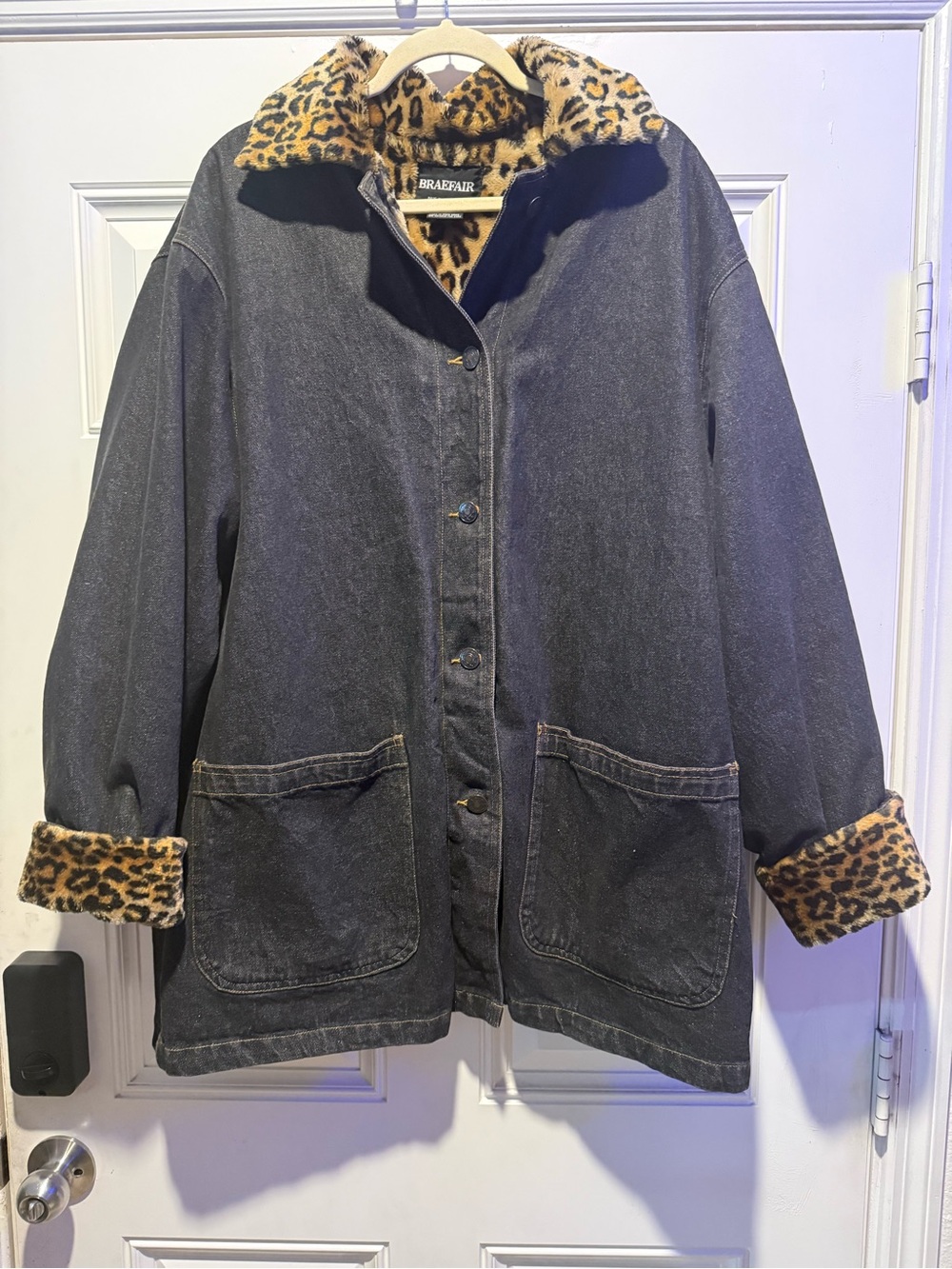 Vintage 90s Braefair Denim Jacket Leopard Faux Fur Chore Coat Large Oversized